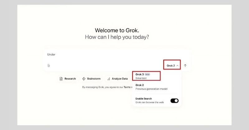 Nhấn vào mũi tên tại Grok 2, sau đó chọn Grok 3 để bắt đầu sử dụng
