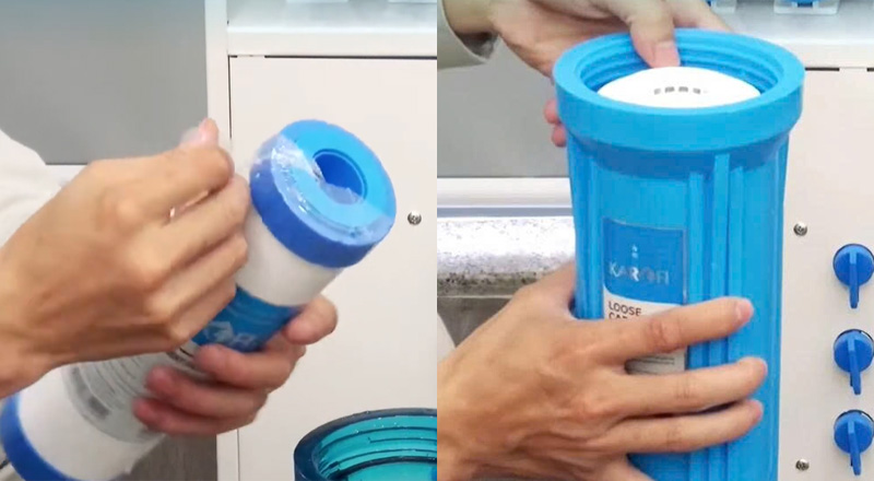 Bóc vỏ nilon và cho lõi lọc mới vào cốc lọc tương ứng 