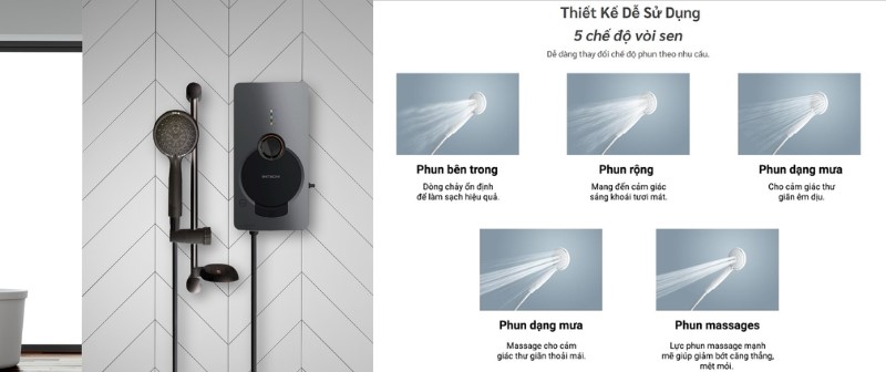Máy Nước Nóng Trực Tiếp Hitachi HES-48GPYMMSAVN đi kèm vòi sen 5 chế độ phun
