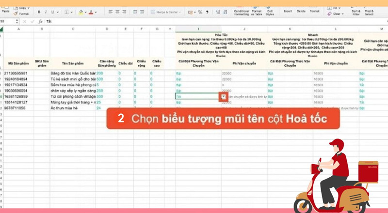 Bật cột Hỏa tốc trong file vừa tải lên