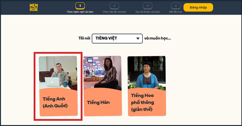 Chọn ngôn ngữ muốn học nếu chưa có tài khoản Memrise
