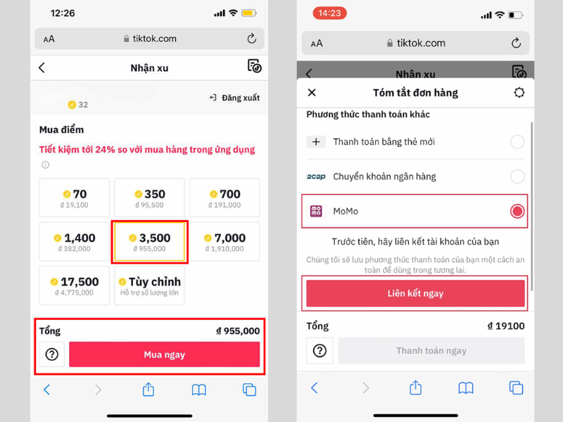 Chọn thanh toán nạp xu Tiktok bằng ví Momo