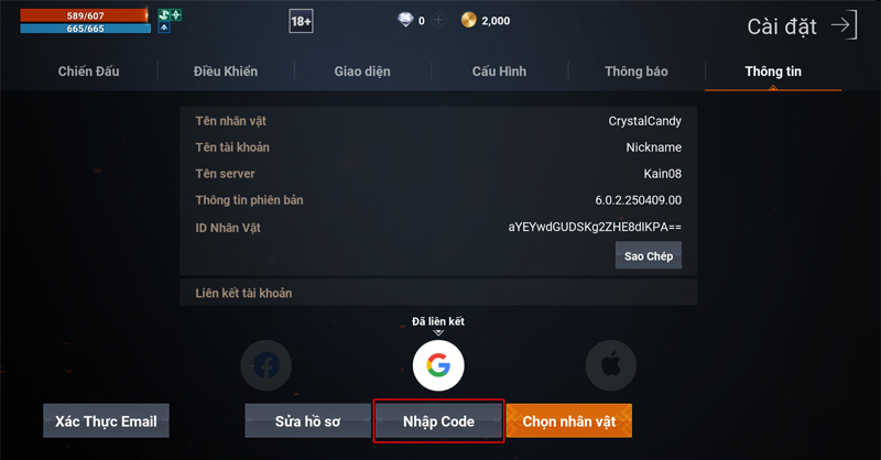 Chọn vào Cài đặt sau đó chọn Thông tin và chọn Nhập Code
