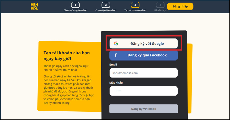 Đăng ký tài khoản Memrise qua Google 