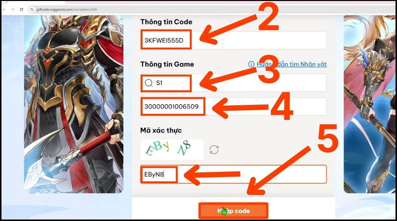 Điền thông tin code, thông tin game, mã xác thực và nhấn nhập code