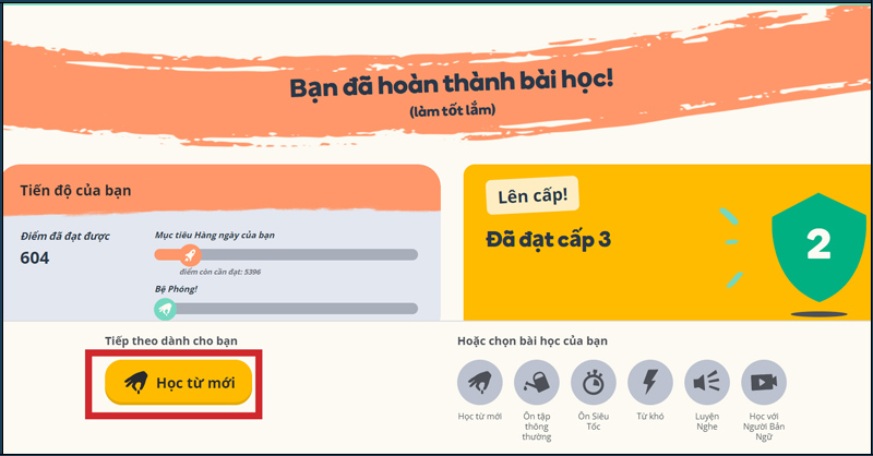 Chọn “Học từ mới” để học từ vựng mới