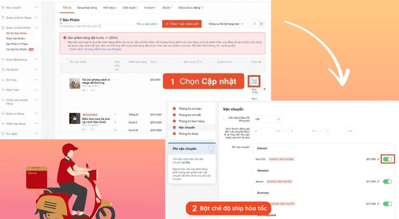 Truy cập vào quản lý sản phẩm và khởi động Ship hỏa tốc Shopee