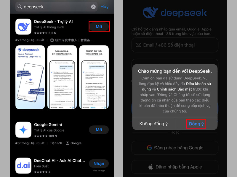 Nhấn Đồng ý khi hiển thị giao diện chào mừng đến với DeepSeek