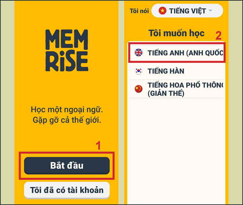 Nếu bạn là người mới, nhấn Bắt đầu và chọn ngôn ngữ