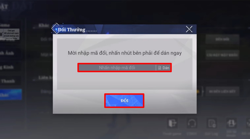 Nhập code CoA: Tinh Thể Atlan vào ô trống và nhấn Đổi khi hoàn tất