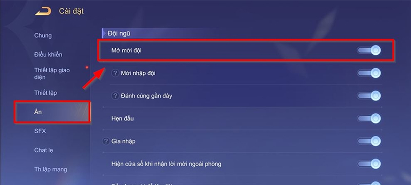 Chọn vào mục “Ẩn”, gạt cần để tắt tính năng “Mở mời đội”