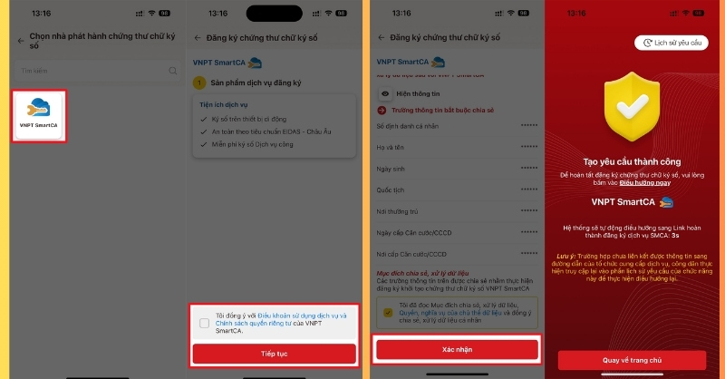 Việc yêu cầu tạo chữ ký số trên app VneID hoàn tất