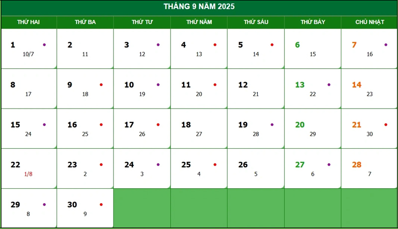 Lịch vạn niên tháng 09/2025 chi tiết 
