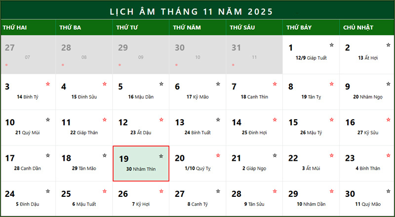 Ngày 30/09 âm lịch rơi vào thứ 4 ngày 19/11/2025 dương lịch 