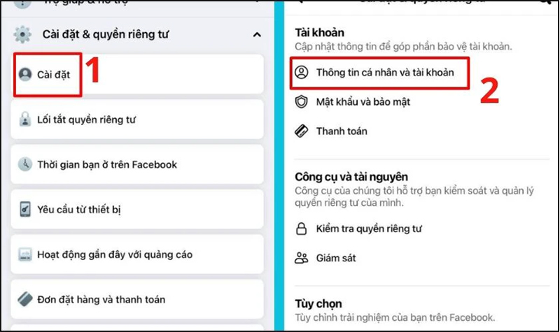 Chọn “Cài đặt”, sau đó đi đến “Thông tin cá nhân & tài khoản”