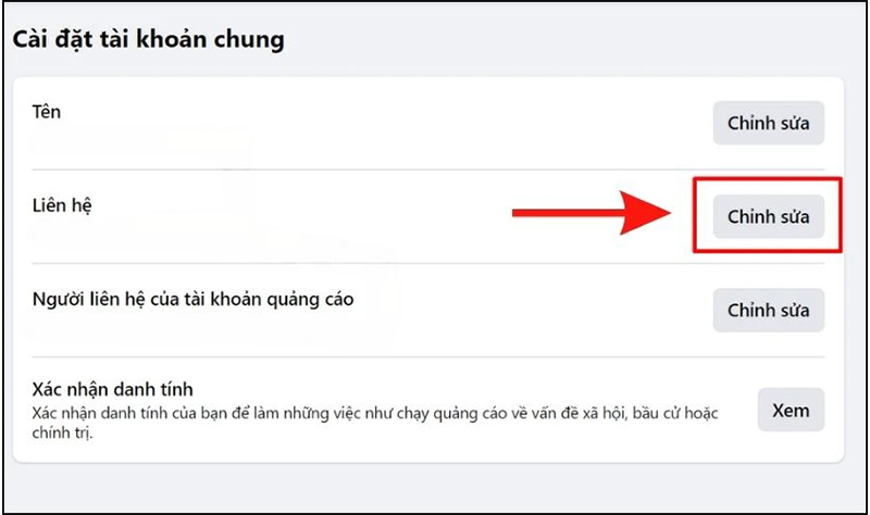 Trong mục “Cài đặt tài khoản”, chọn “Chỉnh sửa liên hệ”