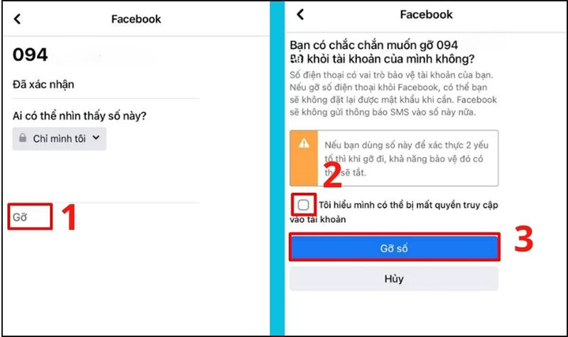 Nhấn “Gỡ”, tích vào đồng ý về việc có thể mất quyền truy cập tài khoản và bấm “Gỡ số”