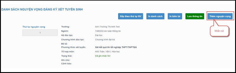 Điền thông tin nguyện vọng nhấn Lưu thông tin khi xong