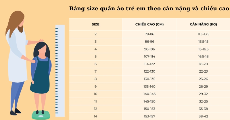 Bảng size theo cân nặng và chiều cao