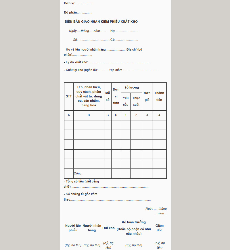 Biên bản giao nhận hàng hóa kèm phiếu xuất kho 2025