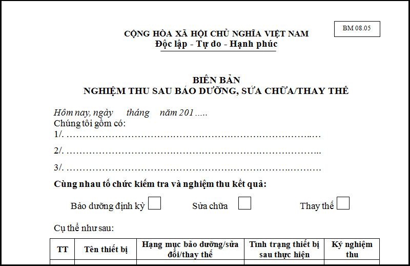 Hình minh họa biên bản nghiệm thu sau sửa chữa, bảo dưỡng, thay thế