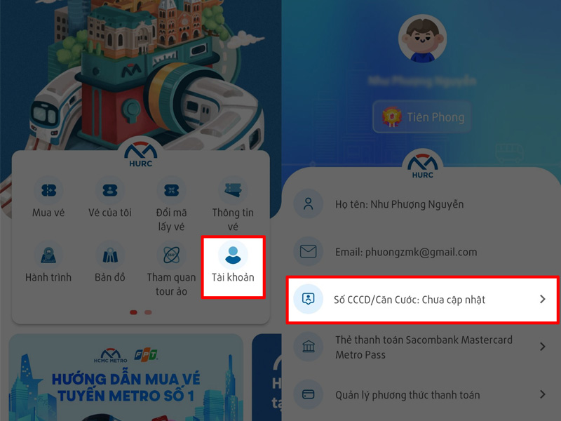 Tiếp tục vào ứng dụng HCMC Metro và chọn Tài khoản