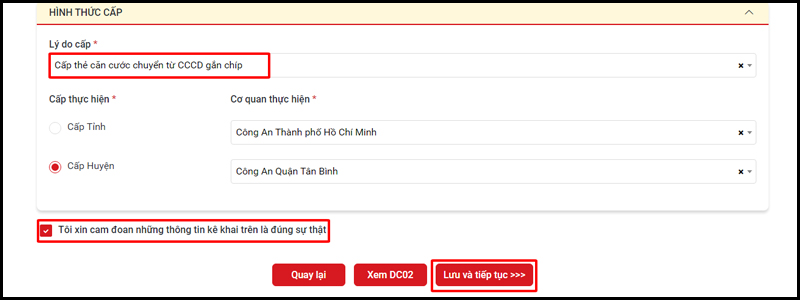 Điền thông tin, chọn lý do và chọn nơi cấp CC