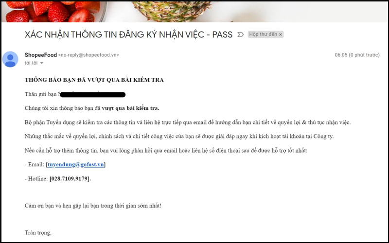 Chờ email xác nhận từ ShopeeFood kèm hướng dẫn các thủ tục