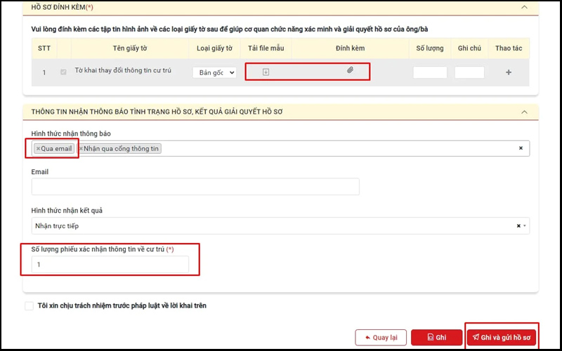 Chọn Ghi và gửi hồ sơ để hoàn tất thủ tục xin giấy xác nhận cư trú online