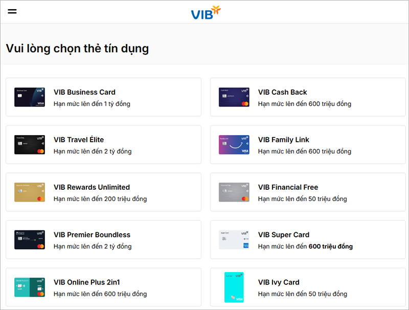 Mở thẻ tín dụng VIB Online