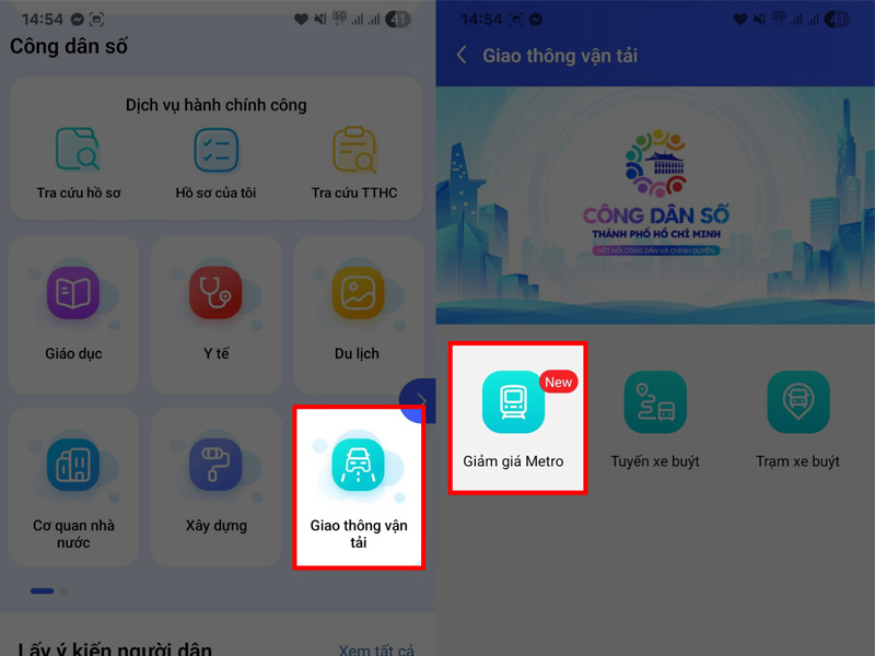 Chọn vào mục Giao thông vận tải để mua vé Metro giảm giá