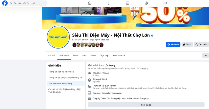 Chọn phần “Tính minh bạch của Trang” tại giao diện chính của Fanpage