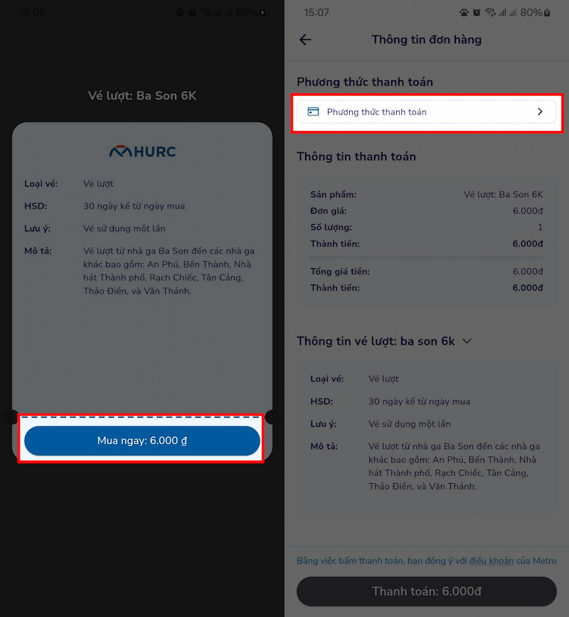 Chọn Phương thức thanh toán vé Metro online