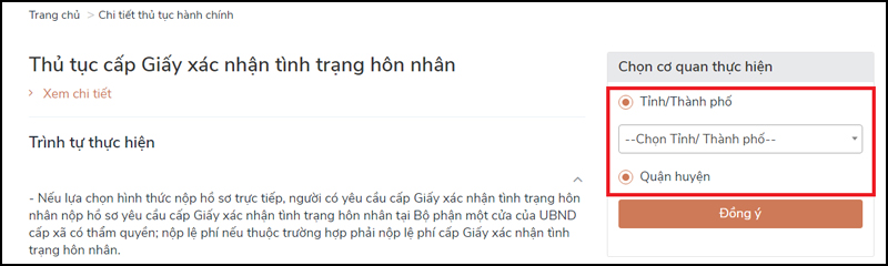 Chọn nơi thường trú của người yêu cầu cấp giấy xác nhận độc thân