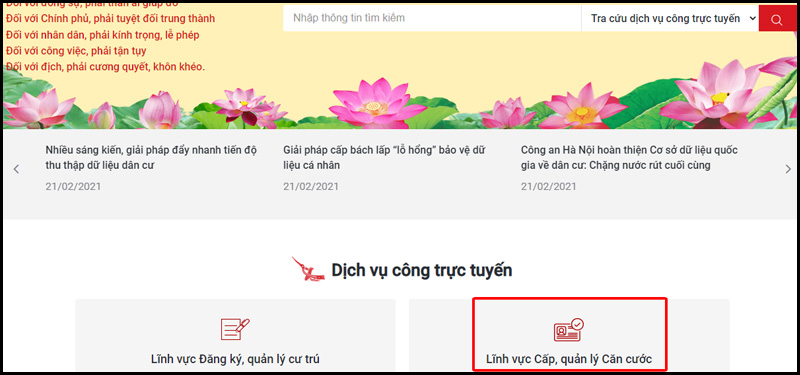 Sau khi đăng nhập chọn vào Lĩnh vực cấp, quản lý Căn cước