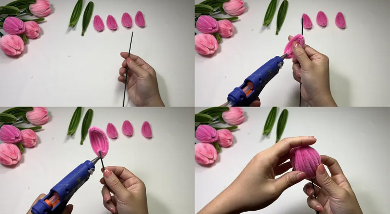 Tạo nụ hoa bằng cách dán các cánh hoa xung quanh