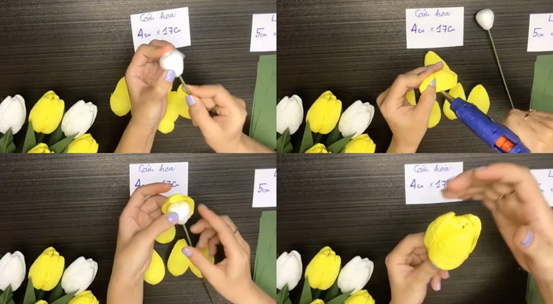 Dán nụ hoa giả vào cành kẽm và dán thêm các cánh hoa đã làm