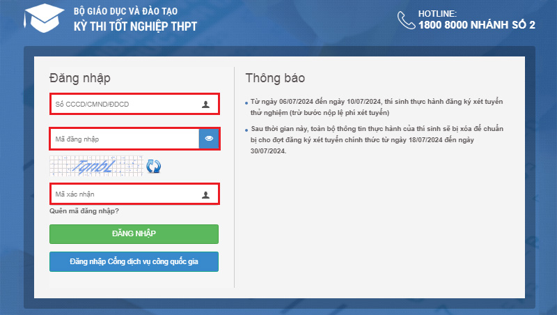 Đăng nhập vào tài khoản được Bộ GD&ĐT cấp để đăng ký nguyện vọng