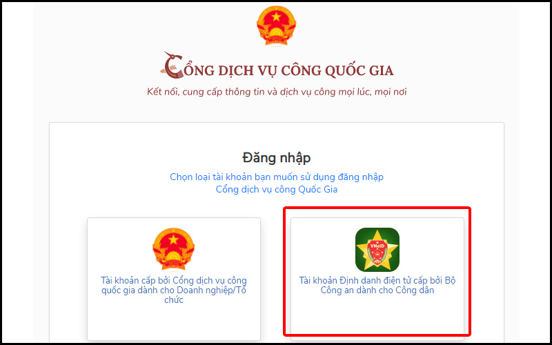 Đăng nhập Cổng dịch vụ công Quốc gia bằng VNeID