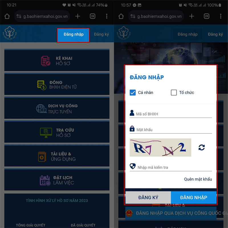 Đăng nhập website bảo hiểm xã hội trên điện thoại