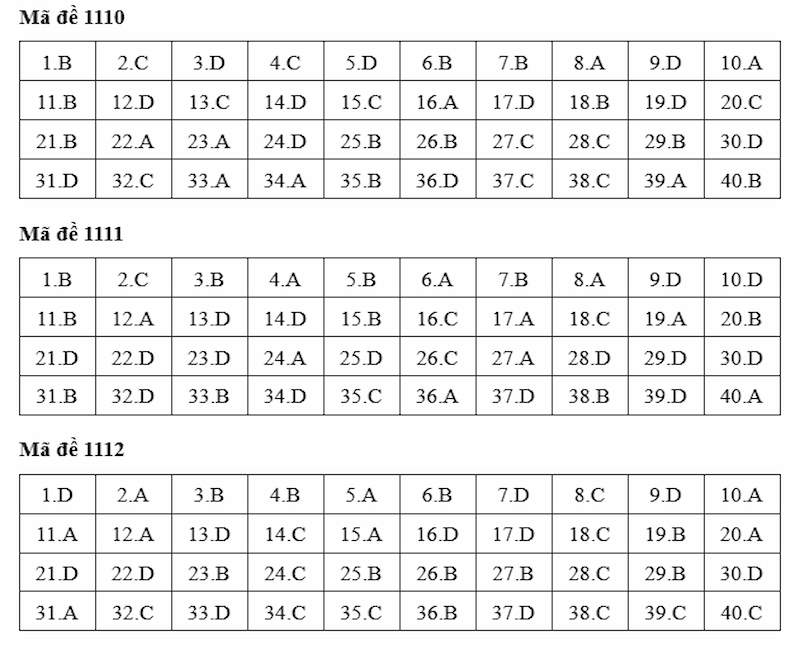 Đáp án tiếng Anh 1110 - 1112