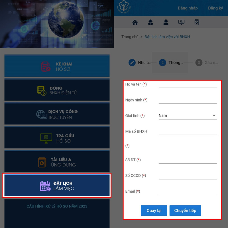 Mở trang web bảo hiểm xã hội và chọn đặt lịch sau đó điền thông tin