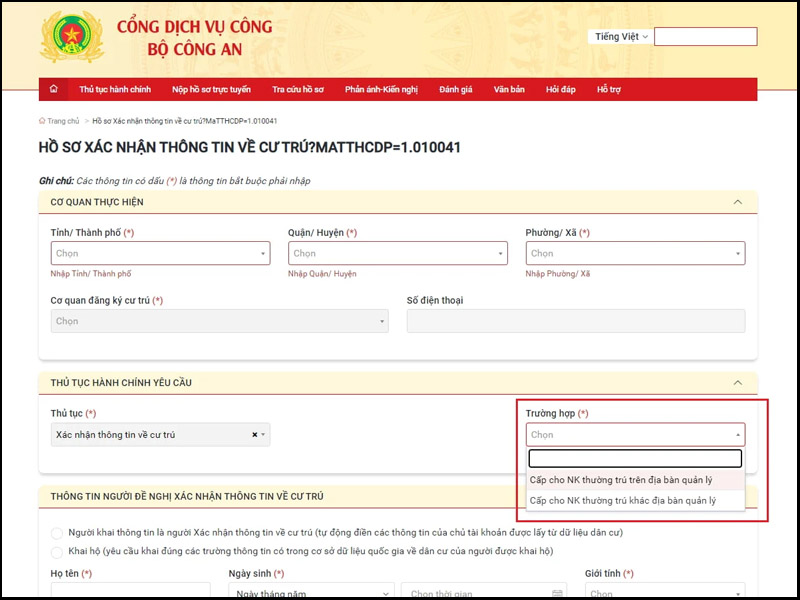 Điền thông tin cư trú vào các mục sẵn có