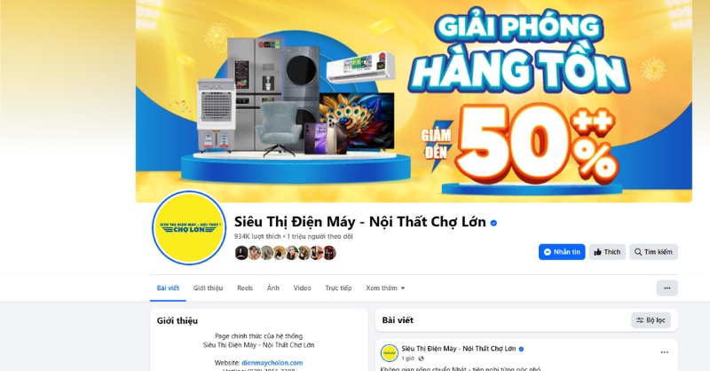 Fanpage “Siêu Thị Điện Máy - Nội Thất Chợ Lớn” có tích xanh