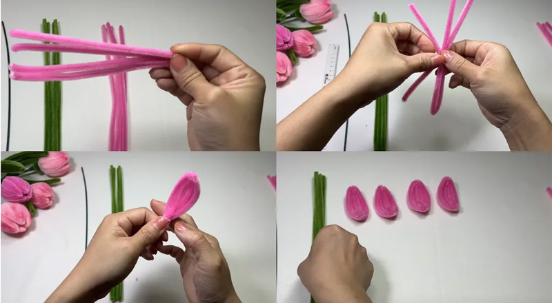 Dùng sợi kẽm nhung màu hồng làm cánh hoa tulip
