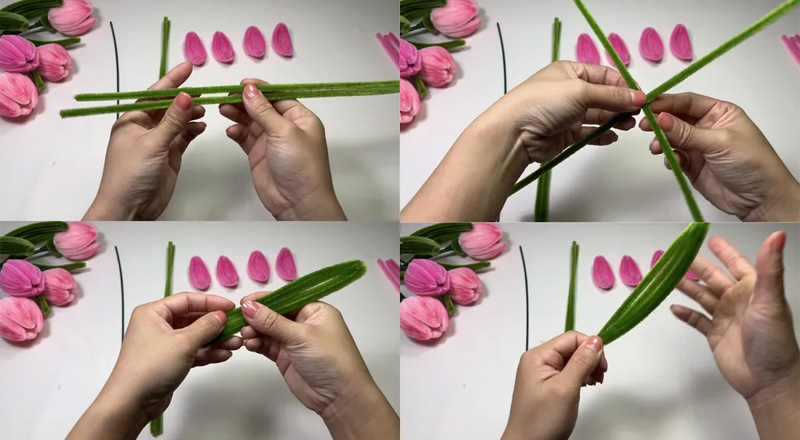 Dùng kẽm nhung màu xanh để làm lá hoa tulip