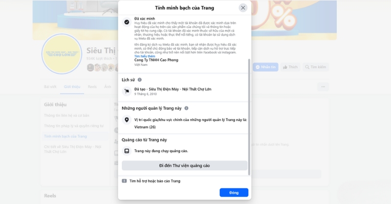 “Lịch sử và những người quản lý Trang này” là phần người dùng cần kiểm tra