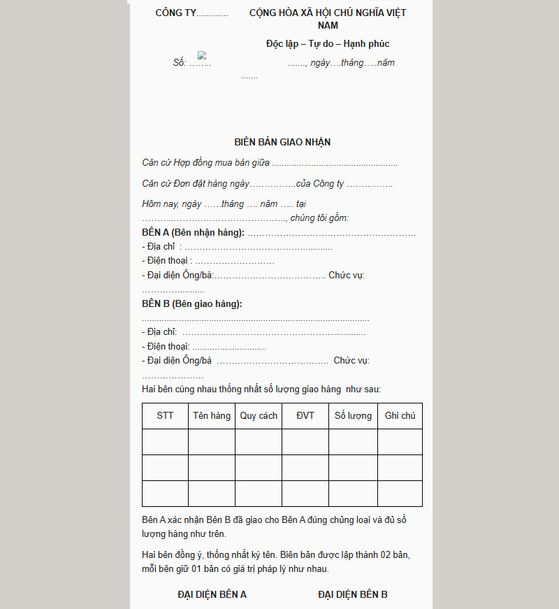 Biên bản giao nhận hàng hóa phổ biến