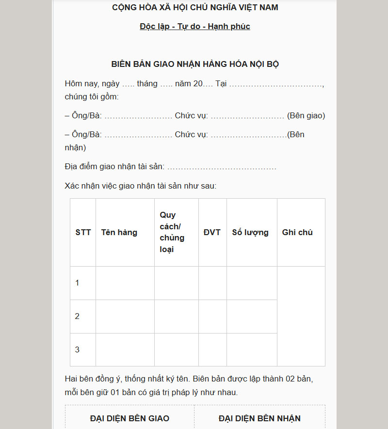 Biên bản giao nhận hàng hóa nội bộ bên tham khảo