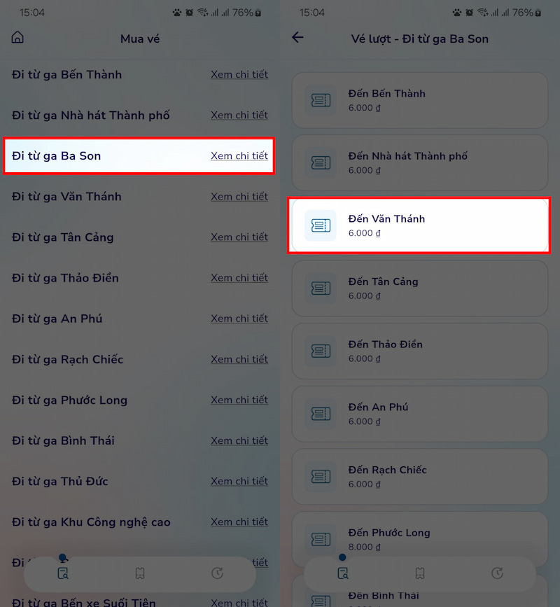 Chọn mua vé lượt theo từng nhà ga